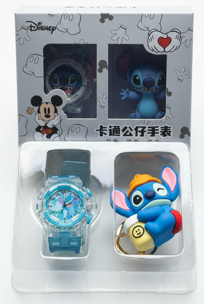Disney Character Gift Set – Kids' Analog Quartz Watch and Matching 3D Figurine Keychain