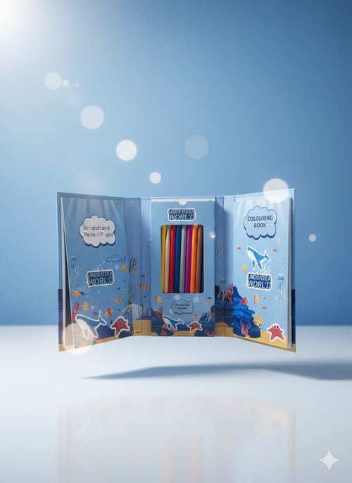 3-in-1 Kids Activity Colouring Book Set - Scratch & Reveal, Colouring Pages & Pencils - Undersea & Space Themes