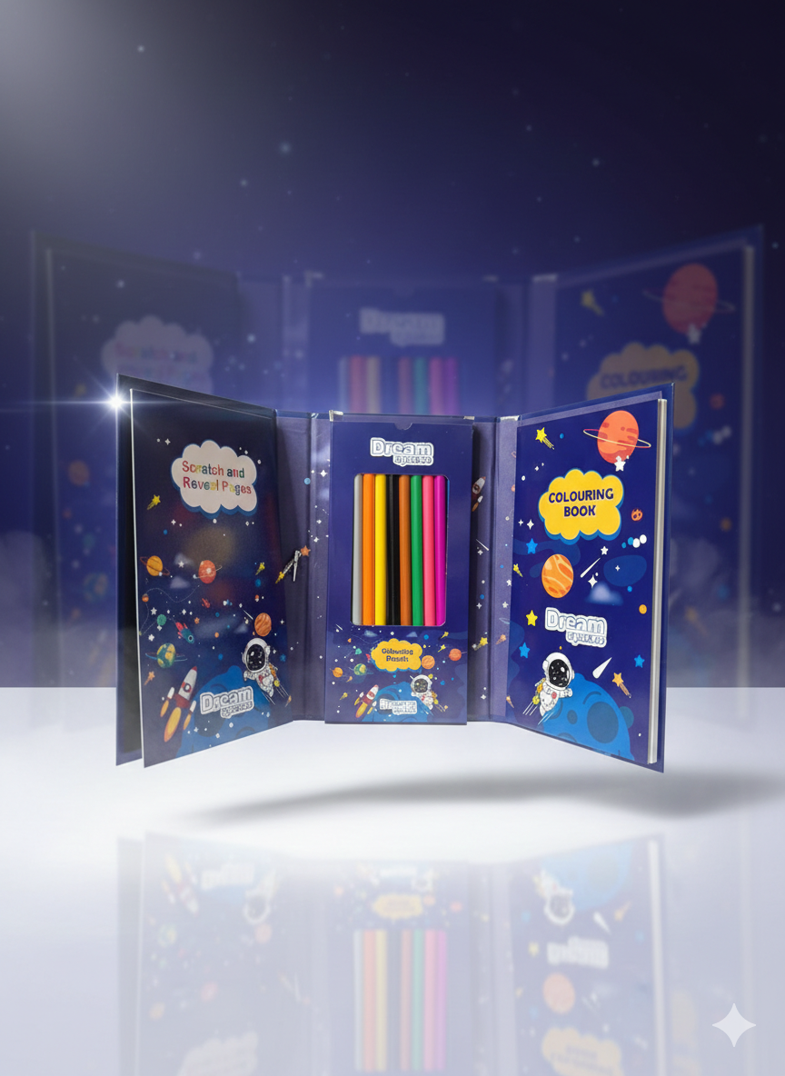 3-in-1 Kids Activity Colouring Book Set - Scratch & Reveal, Colouring Pages & Pencils - Undersea & Space Themes