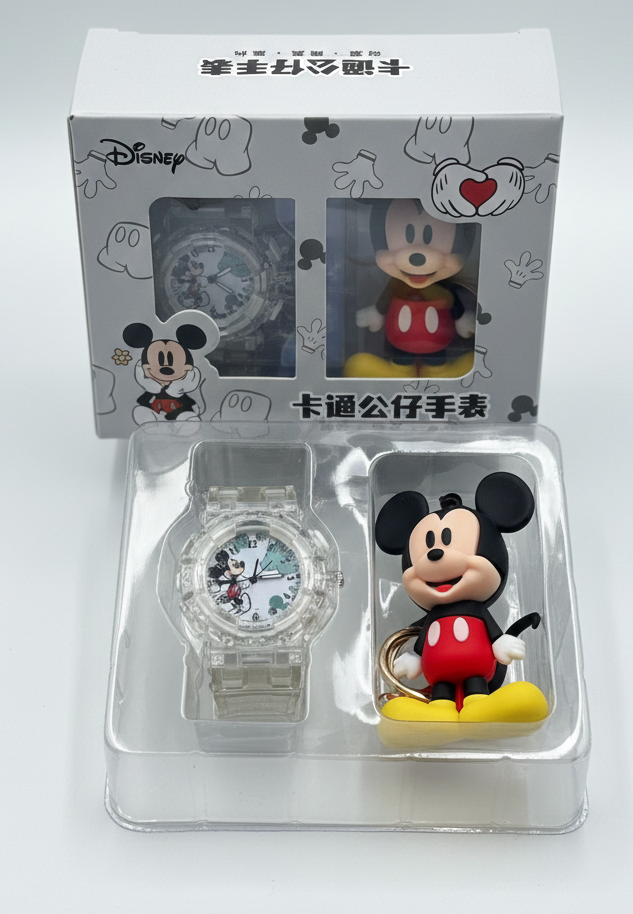 Disney Character Gift Set – Kids' Analog Quartz Watch and Matching 3D Figurine Keychain