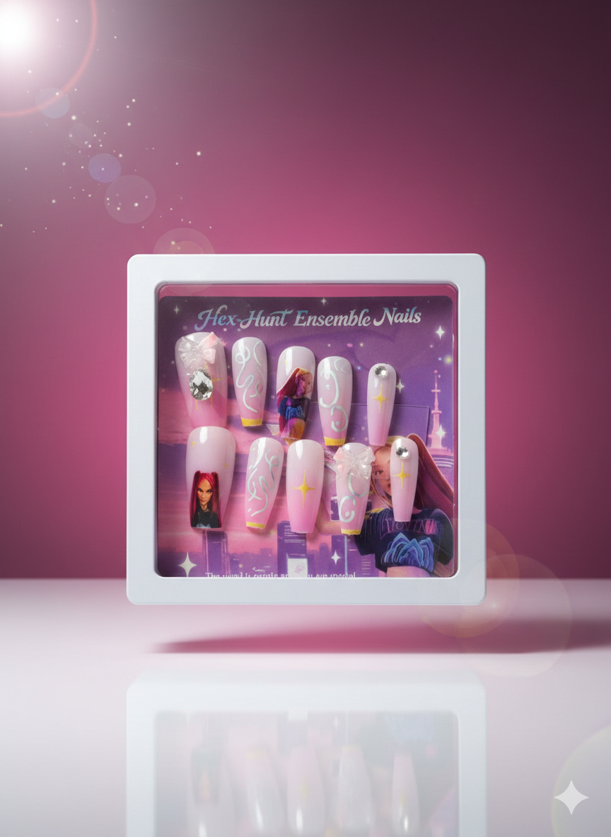 Hex-Hunt Ensemble Nails – Custom Character Art Press-On Nail Kit with 3D Charms